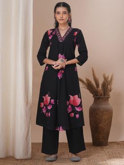 FASHOR - Black Lotus Floral Printed and Embroidered A-Line Kurta with Palazzo