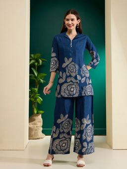 FASHOR - Teal Abstract Floral Printed Straight Fit Tunic with Palazzo