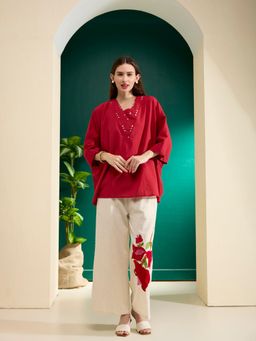 FASHOR - Red Solid Kaftan Top with Abstract Patchwork Palazzo