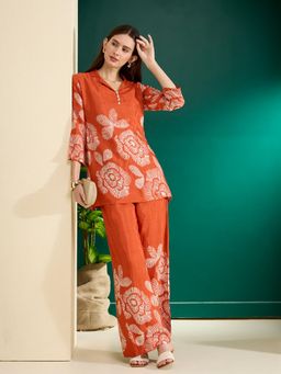 FASHOR - Rust Abstract Printed A-Line Co-Ord Set