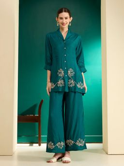 FASHOR - Teal Solid Cord work Embroidered Straight Fit Co-Ord Set