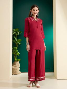 FASHOR - Maroon Solid Mirror Work Embroidered Straight Fit Co-Ord Set