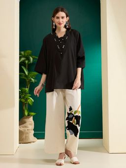 FASHOR - Black Solid Kaftan Top with Abstract Patchwork Palazzo