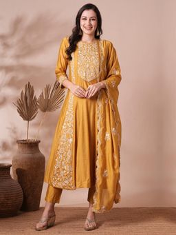 FASHOR - Mustard Floral Embroidered A-Line Paneled Anarkali Kurta with Pant and Dupatta