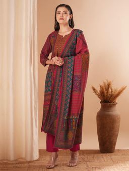 FASHOR - Ethnic Floral Embroidered Straight Fit Kurta with Pant & Dupatta