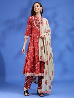 FASHOR - Red Ethnic Floral Printed A-Line Kurta with Pant & Dupatta