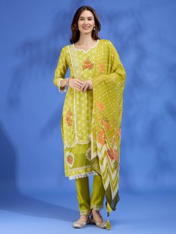 FASHOR - Lime Green Floral Printed Straight Fit Kurta with Palazzo & Dupatta