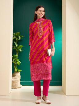 FASHOR - Rani Pink Bandhani Printed Straight Kurta with Pant & Dupatta