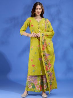 FASHOR - Lime Green Floral Printed Straight Fit Kurta with Palazzo & Dupatta
