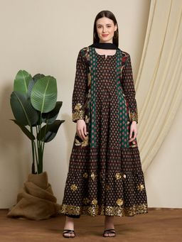 FASHOR - Black Ethnic Floral Printed Embroidered Anarkali Kurta with Pant & Dupatta