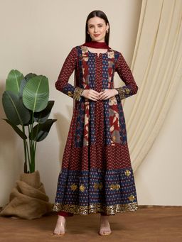 FASHOR - Maroon Ethnic Floral Printed Embroidered Anarkali Kurta with Pant & Dupatta