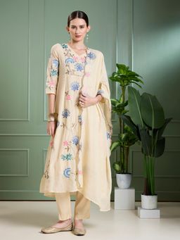 FASHOR - Cream Floral Embodied A-Line Kurta with Pant & Dupatta