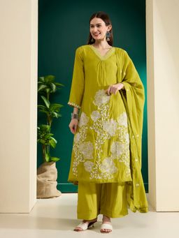 FASHOR - Lime Green Abstract Floral Embroidered A-Line Kurta with Palazzo & Dupatta