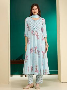 FASHOR - Blue Ethnic Floral Printed Anarkali Flared Kurta with Pant & Dupatta