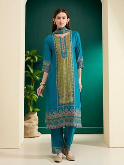 FASHOR - Turquoise Ethnic Printed Embroidered Straight Kurta with Pant & Dupatta