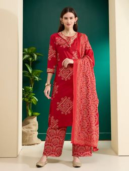 FASHOR - Red Bandhani Printed Embroidered Straight Kurta with Palazzo & Dupatta