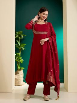 FASHOR - Red Embroidered Anarkali Flared Kurta with Pant and Dupatta