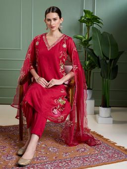 FASHOR - Rani Pink Floral Embroidered Anarkali with Pant & Scalloped Dupatta