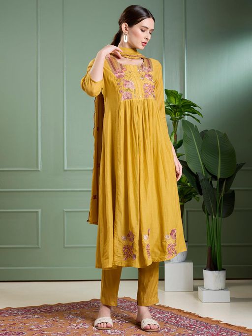 FASHOR Mustard Floral Embodied A-Line Pleated Kurta with Pant & Dupatta