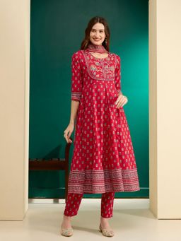 FASHOR - Red Ethnic Printed Embroidered Anarkali Kurta with Pant and Dupatta