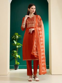 FASHOR - Rust Printed Embroidered Straight Fit Kurta with Pant & Dupatta