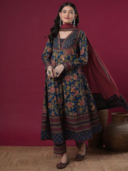 FASHOR - Blue Ethnic Floral Printed Embroidered Anarkali Flared Kurta with Pant & Dupatta