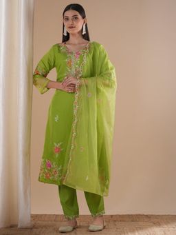 FASHOR - Light Green Floral Embroidered Straight Fit Kurta with Pant & Dupatta