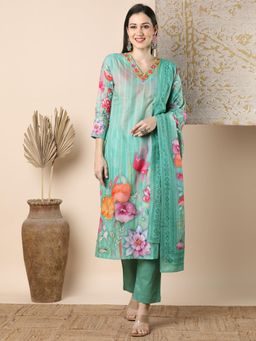 FASHOR - Green Abstract Watercolor Floral Printed Straight Cut Kurta with Pant & Dupatta