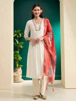 FASHOR - White Solid Floral Embroidered A-Line Kurta with Palazzo & Dupatta