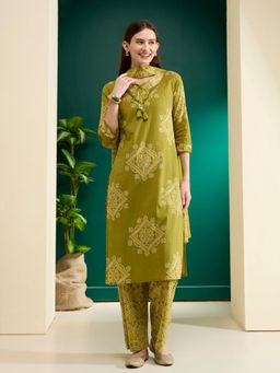 FASHOR - Green Ethnic Bandhani Printed Straight Kurta with Pant and Dupatta