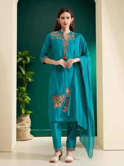 FASHOR - Turquoise Floral Embroidered Straight Kurta with Pant & Dupatta