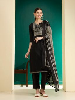 FASHOR - Black Printed Embroidered Straight Fit Cotton Kurta with Pant & Dupatta