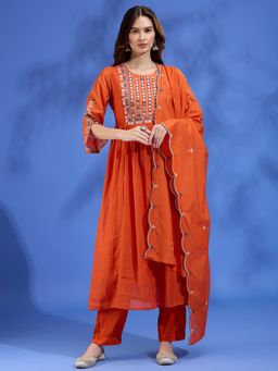 FASHOR - Orange Mirror Embroidered A-Line Pleated with Pant & Scalloped Dupatta