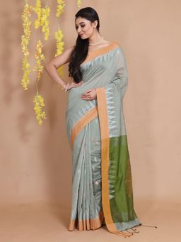 CHARUKRITI - Grey Cotton Ethnic Zari Motifs & Temple Borders Handwoven Saree with Unstitched Blouse