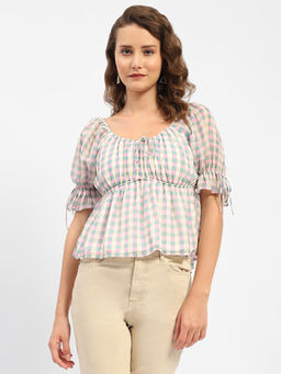 Madame - Chequered Pink Round Neck Top
