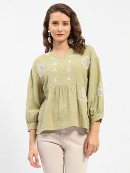 Madame - Balloon Sleeve Green Chikankari Top