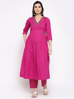 DART STUDIO - Cotton Jacquard Kurta with Hand Embroidery Pink