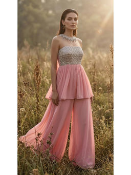 Basanti Kapde aur Koffee - Women Georgette Pink Embellished/Sequined Tunic with Sharara