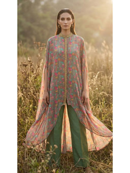 Basanti Kapde aur Koffee - Women Georgette Green Floral Bustier with Cape and Pants