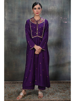 Label Niti Bothra - Purple Floral Zardozi Chunnat Kurta with Palazzo