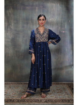 Label Niti Bothra - Women Blue Leaf Jaal Chunnat Kurta with Palazzo