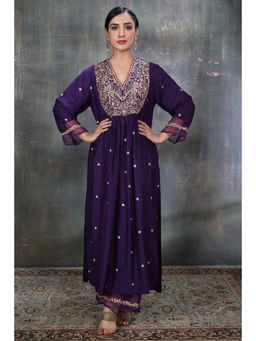 Label Niti Bothra - Purple Leaf Jaal Chunnat Kurta with Palazzo