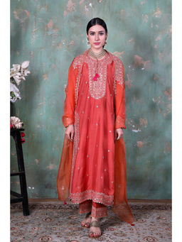 Label Niti Bothra - Women Orange Marodi Long Kurta with Pant and Dupatta