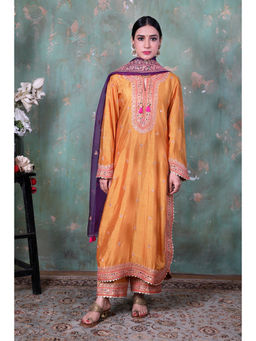 Label Niti Bothra - Women Yellow Marodi Long Kurta with Palazzo and Dupatta