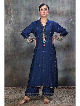 Label Niti Bothra - Women Blue Mughal Jaal Heavy Sleeves Kurta with Palazzo
