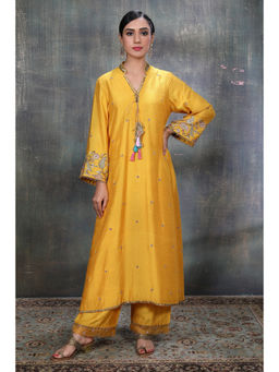 Label Niti Bothra - Women Mustard Mughal Jaal Heavy Sleeves Kurta with Palazzo