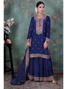 Label Niti Bothra - Women Blue Marodi Kurta with Sharara and Dupatta
