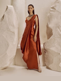 Nirmooha - Women Terracotta Rust Predrape Saree Gown