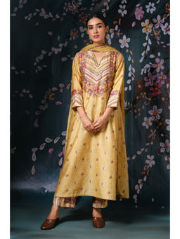 Label Niti Bothra - Women Yellow Yoke Neck Rose and Stripe Kurta with Palazzo and Dupatta
