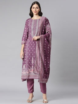NEERU'S - Purple Printed Kaftan Kurta with Trouser and Dupatta (Set of 3)